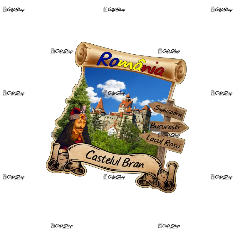 Mgs210-magnet frigider din lemn „castelul bran” 8×8 cm, romania